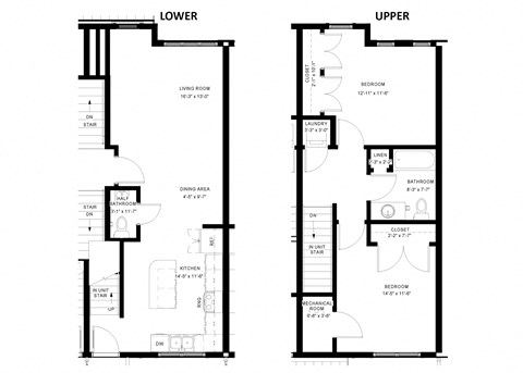 Floor plan for 2 beds, 1.5 baths, 1065 sqft